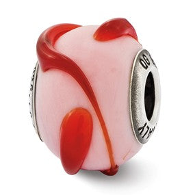 Sterling Silver Italian Glass Lt Pink w/ReddishOrange Textured Lines Charm hide-image