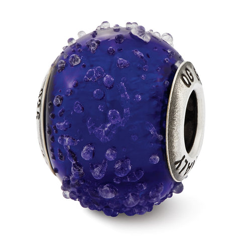 Italian Dark Blue Textured Glass Charm Bead in Sterling Silver