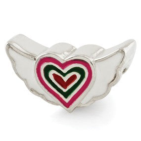 Sterling Silver Kids Enameled Heart w/Wings Bead Charm hide-image