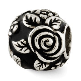 Sterling Silver Black Enameled Floral Theme Bali Bead Charm hide-image