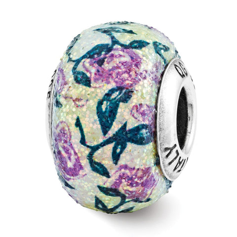 Purple Floral Overlay Charm Bead in Sterling Silver