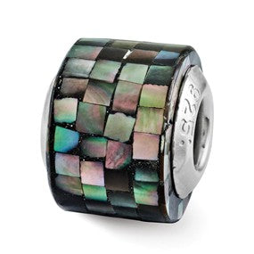 Sterling Silver Black Mother of Pearl Mosaic Bead Charm hide-image