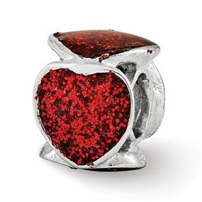 Sterling Silver Red Glitter Enameled Heart Bead Charm hide-image