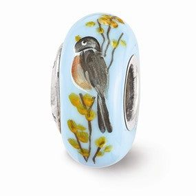 Sterling Silver Hand Painted Robin on Forsythia Glass Bead Charm hide-image