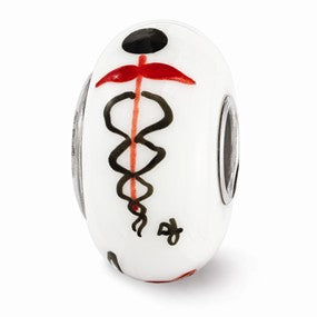 Sterling Silver White Hand Painted RX Medical Glass Bead Charm hide-image