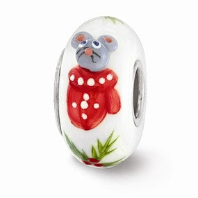 Sterling Silver Hand Painted Christmas Mouse Glass Bead Charm hide-image
