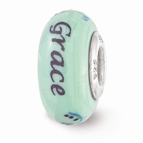 Sterling Silver Blue Hand Painted Floral Grace Glass Bead Charm hide-image