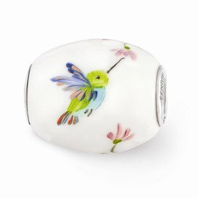 Sterling Silver White Hand Painted Hummingbird Glass Bead Charm hide-image