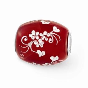 Sterling Silver Red Hand Painted Floral Hearts Glass Bead Charm hide-image