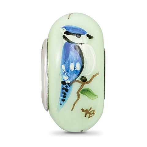 Green Blue Jays Rule Fenton Glass Charm Bead in Sterling Silver