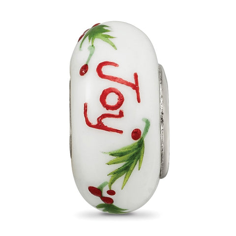 White Christmas Joy Fenton Glass Charm Bead in Sterling Silver