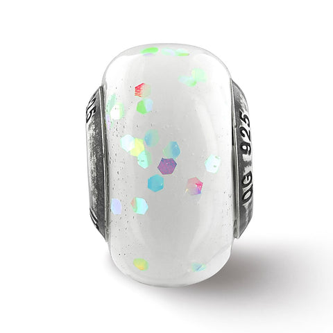 White Glitter Italian Glass Charm Bead in Sterling Silver