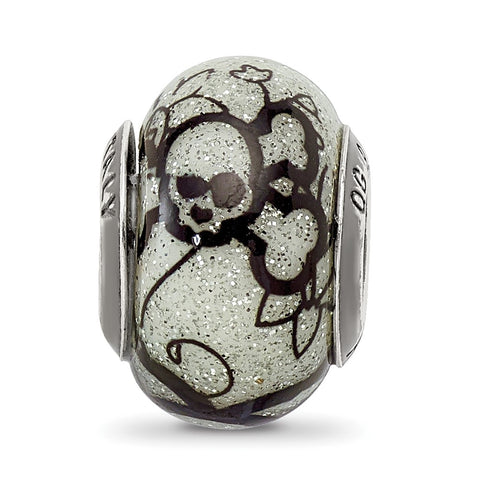 Floral Skull & Bones White W,Gltr Italian Glass in Sterling Silver