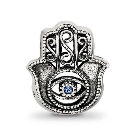 Antiqued Blue Crystal Hamsa,Chamseh Charm Bead in Sterling Silver