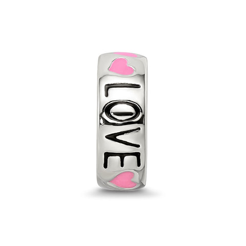 Pink Enameled Hearts Love Amour, Spacer Charm Bead in Sterling Silver