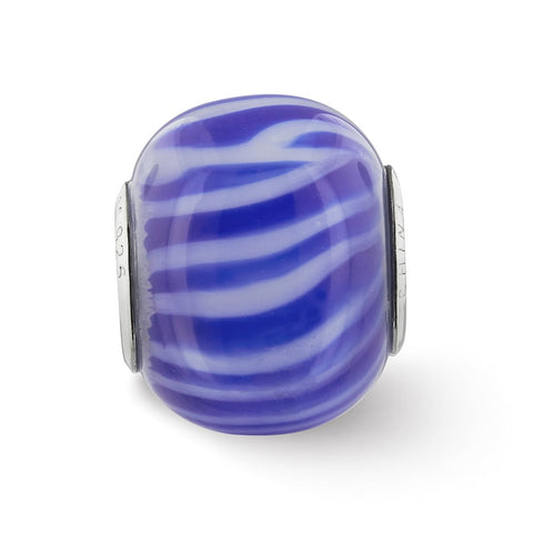 Blue And White Striped Glass Charm Bead in Sterling Silver