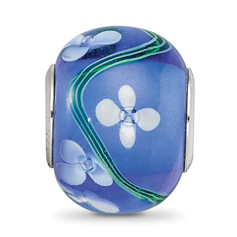 White Floral Blue Glass Charm Bead in Sterling Silver