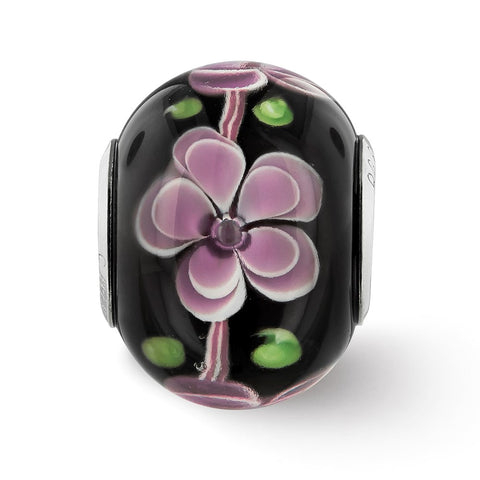 Pink And Green Floral Black Glass Charm Bead in Sterling Silver