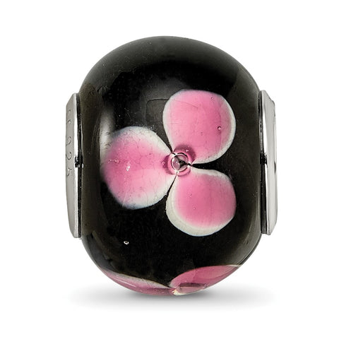 Pink Floral Black Glass Charm Bead in Sterling Silver