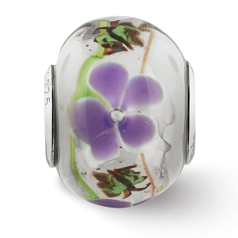 Purple Floral Butterfly Glass Charm Bead in Sterling Silver