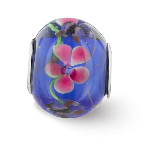 Butterfly Pink Floral Blue Glass Charm Bead in Sterling Silver