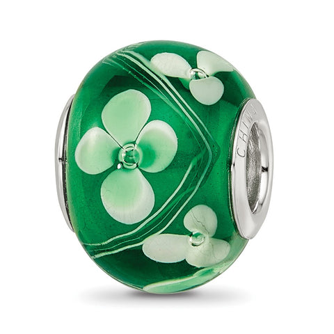Green & White Floral Green Glass Charm Bead in Sterling Silver