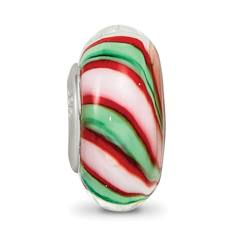 Hand Painted Ribbon Candy Fenton Glass Charm Bead in Sterling Silver