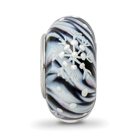 Hand Painted Midnight Snowfall Fenton Glass Charm Bead in Sterling Silver