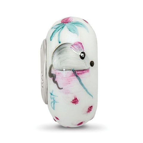 Hand Painted Stella Mouse Fenton Glass Charm Bead in Sterling Silver