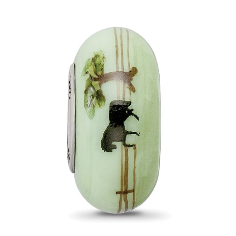 Hand Painted Horse On Green Fenton Glass Charm Bead in Sterling Silver