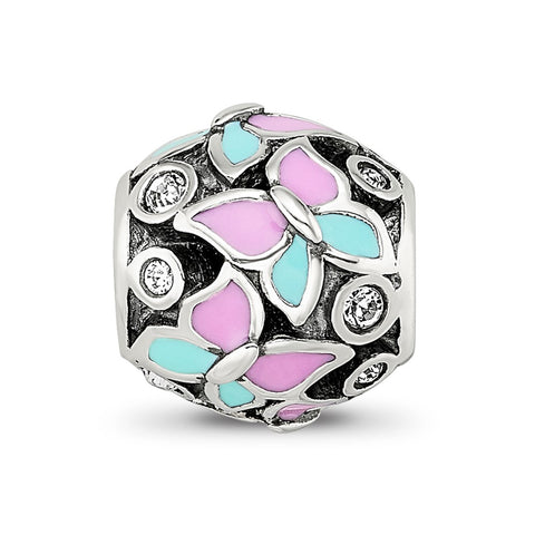 Pink & Blue Enameled CZ Butterfly Charm Bead in Sterling Silver