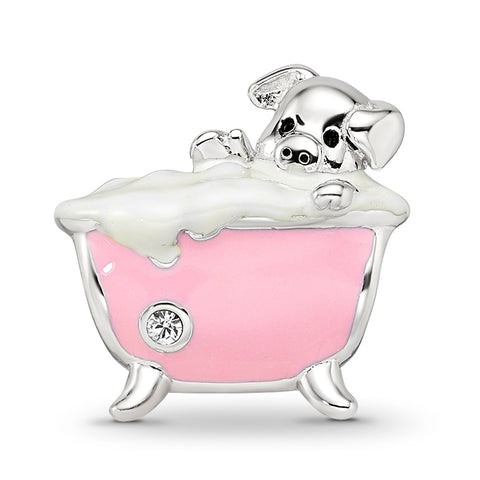 Pink Enamel & Czs Pig In A Bathtub Charm Bead in Sterling Silver
