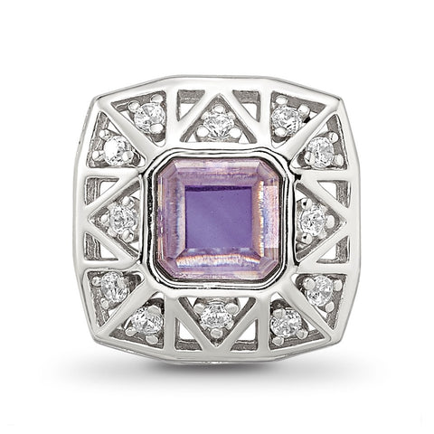 Purple Accent & Czs Cut Out Square Charm Bead in Sterling Silver