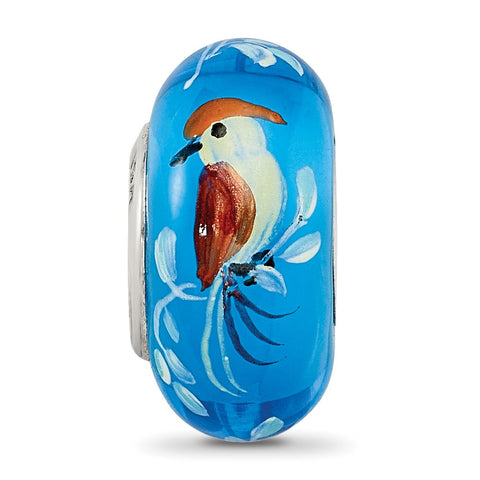 Hand Painted Bird,Blue Glass Charm Bead in Sterling Silver