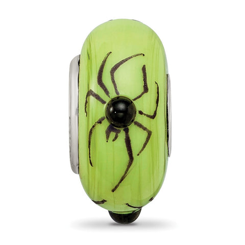 Hand Painted Spider,Green Glass Charm Bead in Sterling Silver
