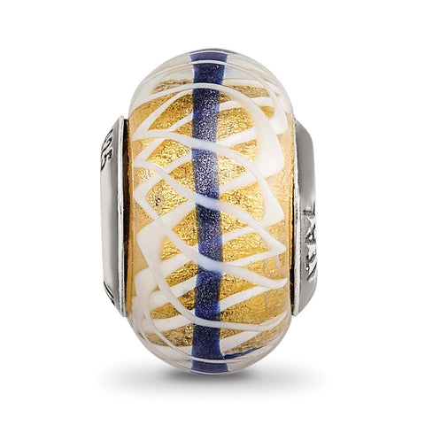 Gold,Blue,White Italian Glass Charm Bead in Sterling Silver