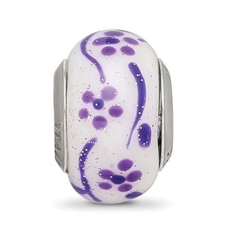 Purple Glitter Flower Italian Glass Charm Bead in Sterling Silver