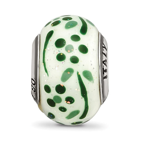Green Glitter Flower Italian Glass Charm Bead in Sterling Silver