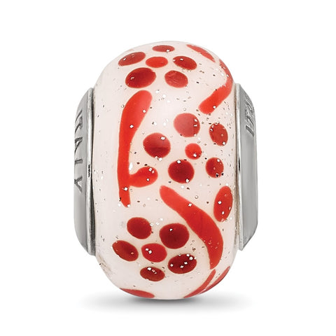 Brown,Orange Glitter Flower Italian Glass Charm Bead in Sterling Silver