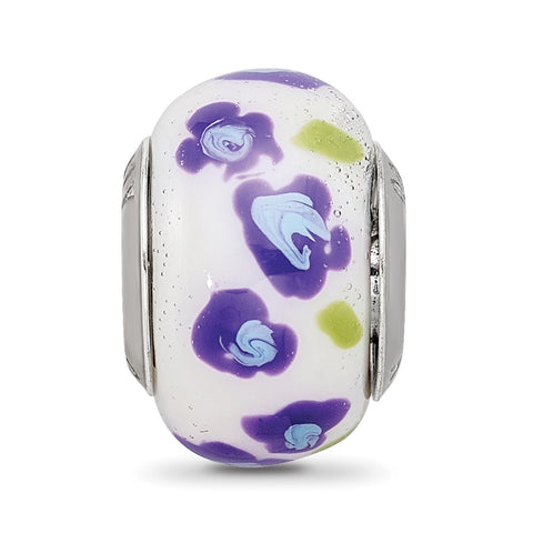 Purple,Blue Flower Italian Glass Charm Bead in Sterling Silver