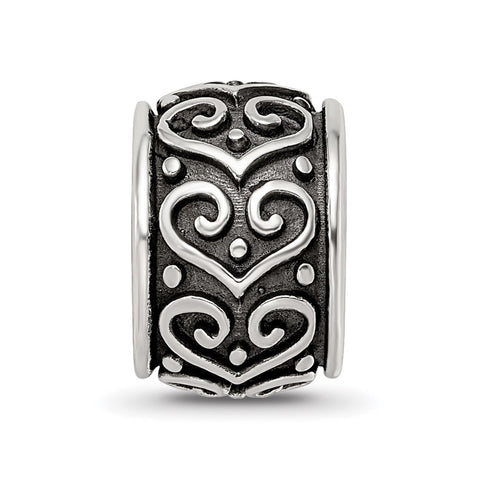 Antiqued Heart Pattern Charm Bead in Sterling Silver