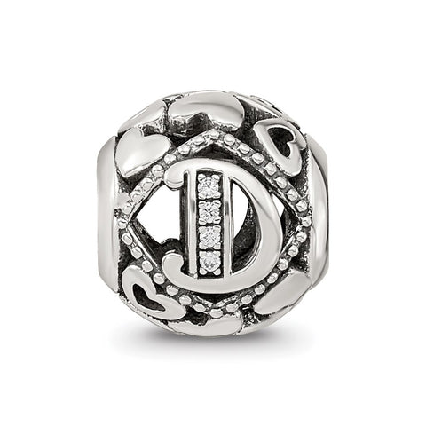 CZ Letter D Charm Bead in Sterling Silver