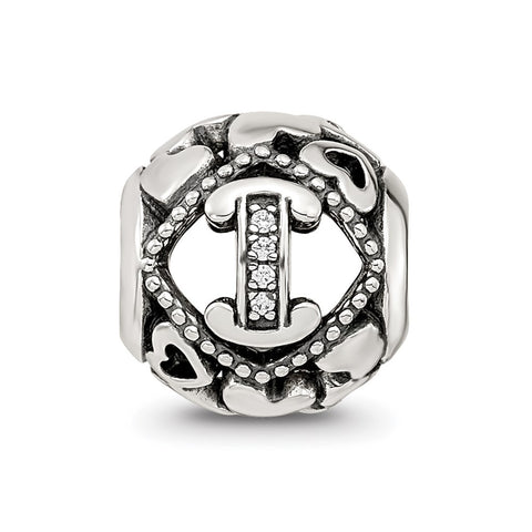 CZ Letter I Charm Bead in Sterling Silver