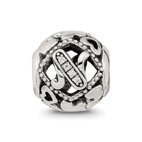 CZ Letter N Charm Bead in Sterling Silver