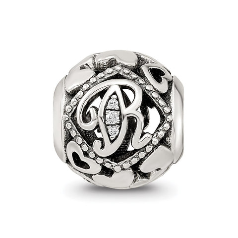 CZ Letter R Charm Bead in Sterling Silver