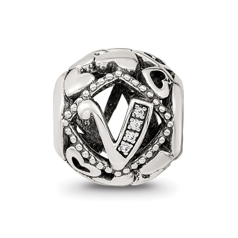 CZ Letter V Charm Bead in Sterling Silver