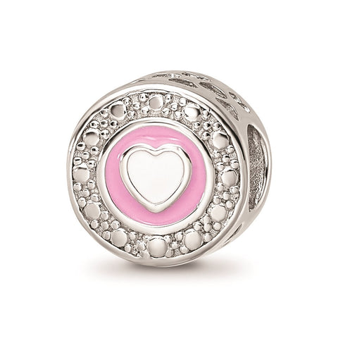 Enamel CZ Round Heart Charm Bead in Sterling Silver