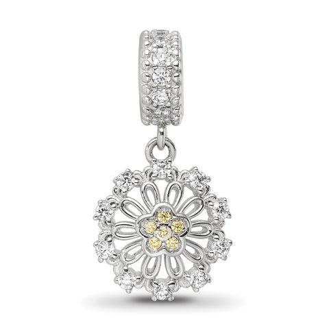 CZ Flower Charm Dangle Bead in Sterling Silver