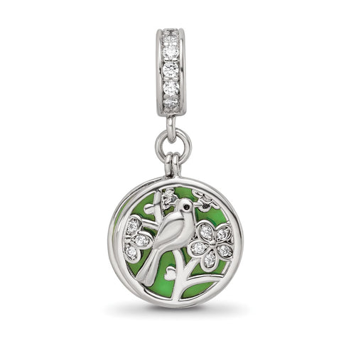 CZ Enamel Bird,Flower 2-Piece Charm Dangle Bead in Sterling Silver