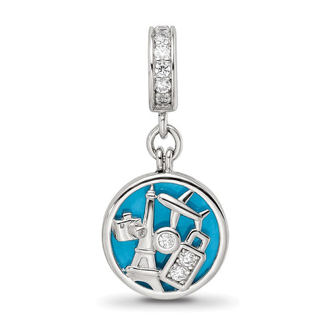 CZ Enamel Travel,Charm Dangle Bead in Sterling Silver